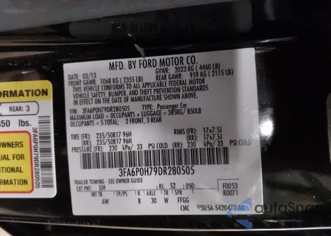 2013 Ford Fusion Se from USA, damaged, VIN 3FA6P0H79DR280505